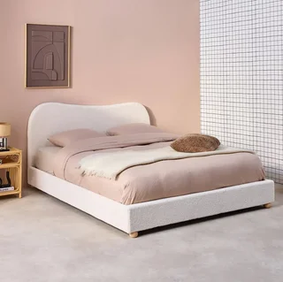 Lit 140x190 capitonné blanc bouclette avec sommier intégré Aaron