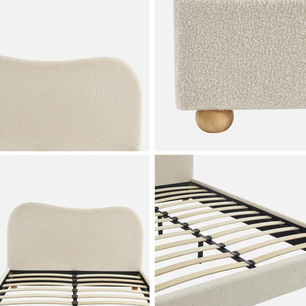 Lit 140x190 capitonné blanc bouclette avec sommier intégré Aaron