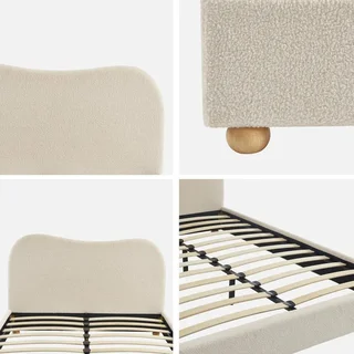 Lit 140x190 blanc bouclette avec sommier à lattes et tête de lit capitonnée