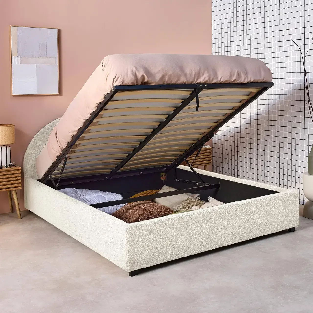 Lit coffre 140x190 cm tête de lit bouclette kaki avec rangement