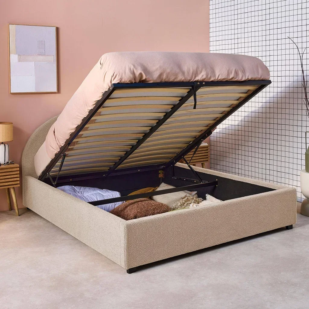 Lit coffre 140x190 cm tête de lit rembourrée bouclette kaki avec rangement