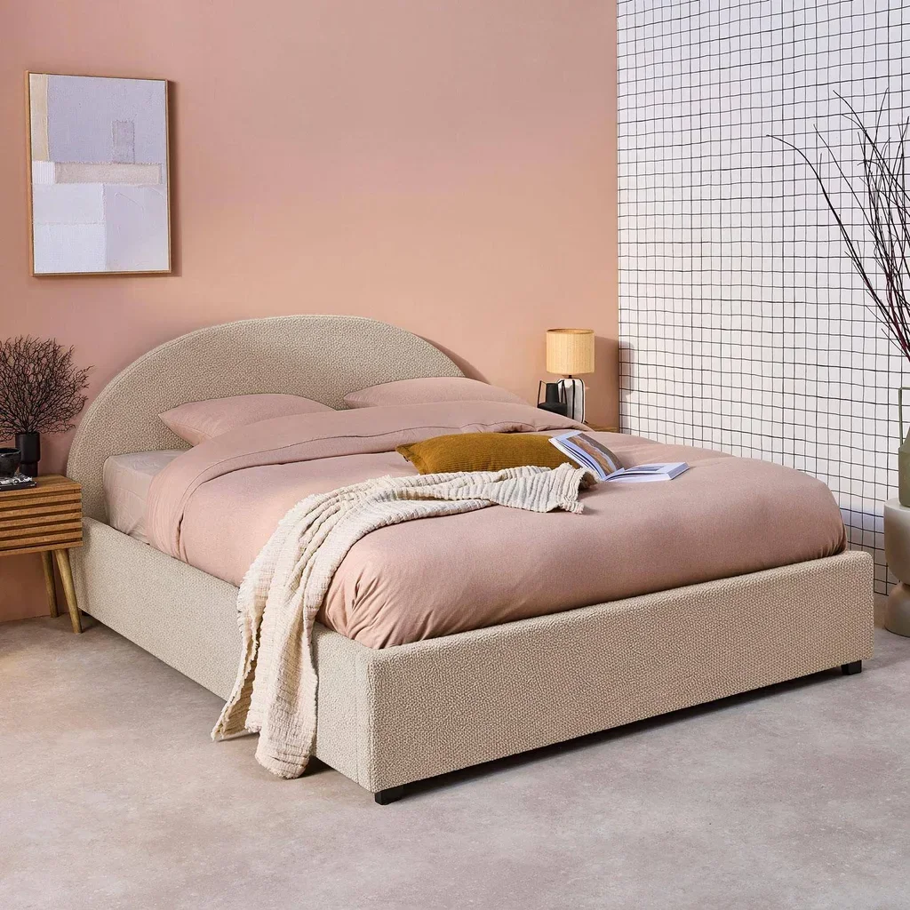 Lit coffre 140x190 cm tête de lit rembourrée bouclette kaki avec rangement
