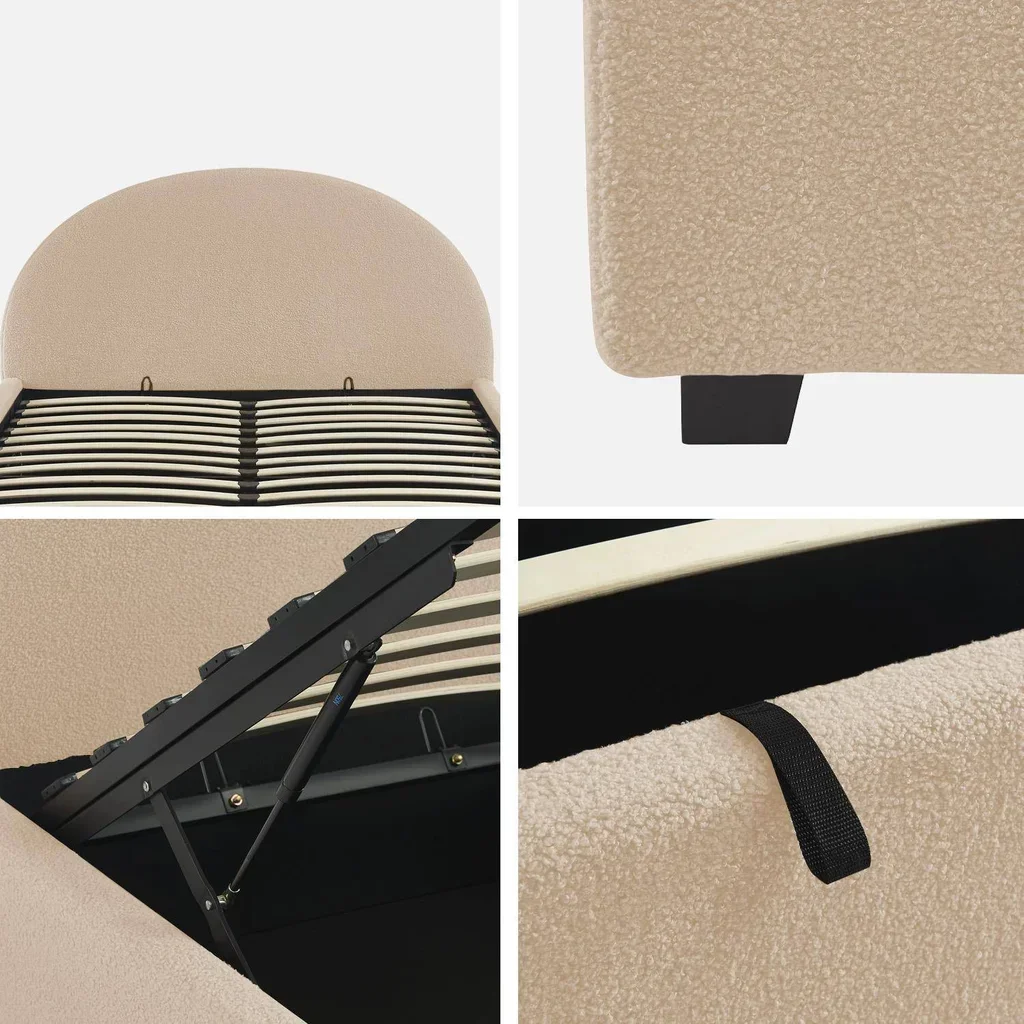 Lit coffre 140x190 cm tête de lit rembourrée bouclette kaki avec rangement