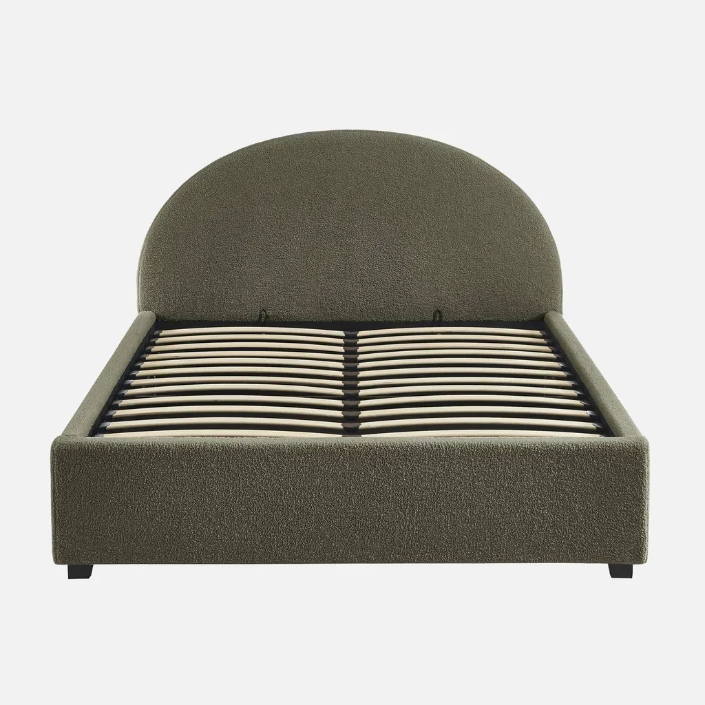 Lit coffre 140x190 cm tête de lit bouclette kaki avec rangement