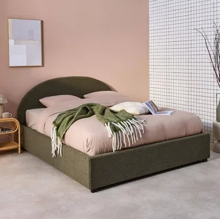 Lit coffre 140x190 cm tête de lit bouclette kaki avec rangement