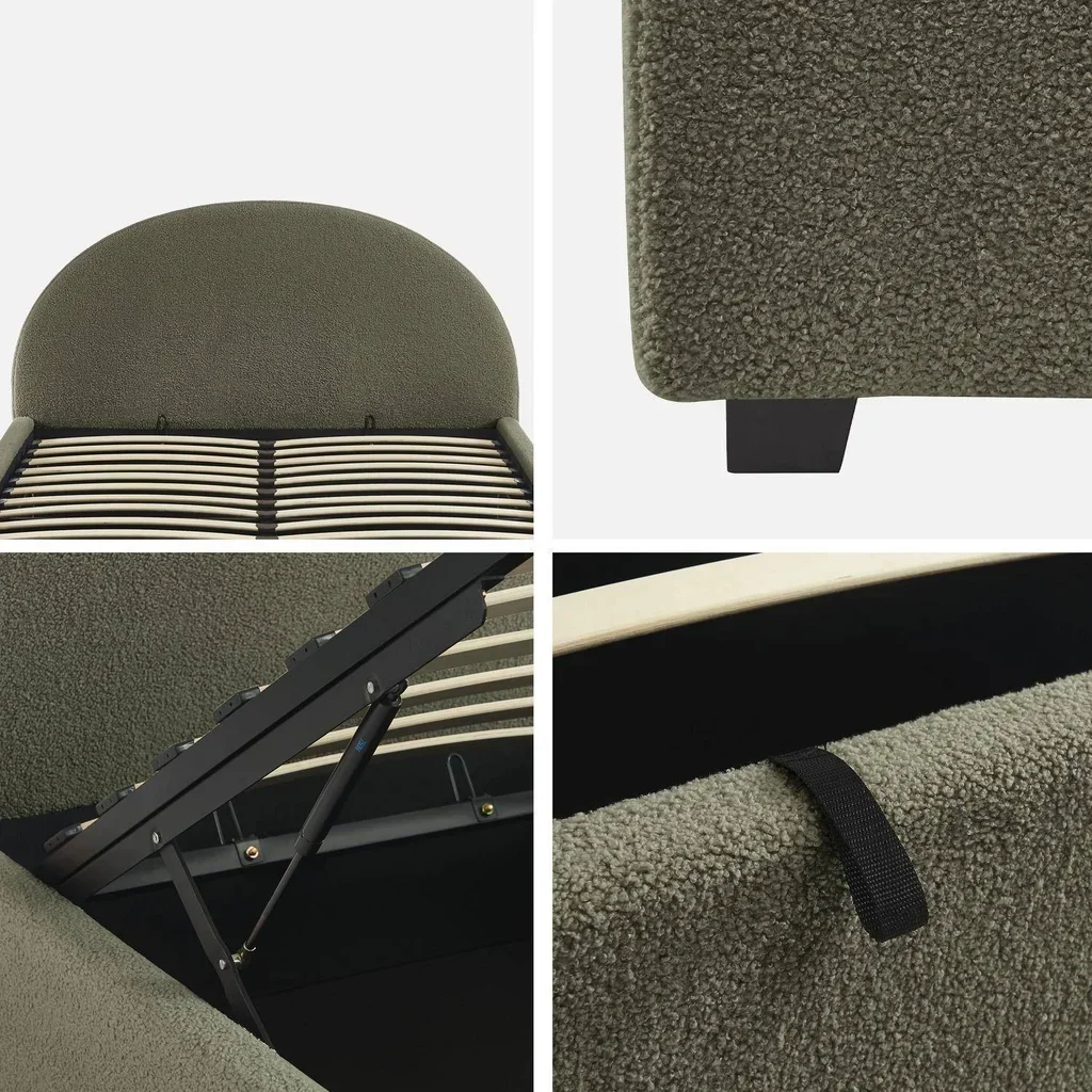 Lit coffre 140x190 cm tête de lit bouclette kaki avec rangement