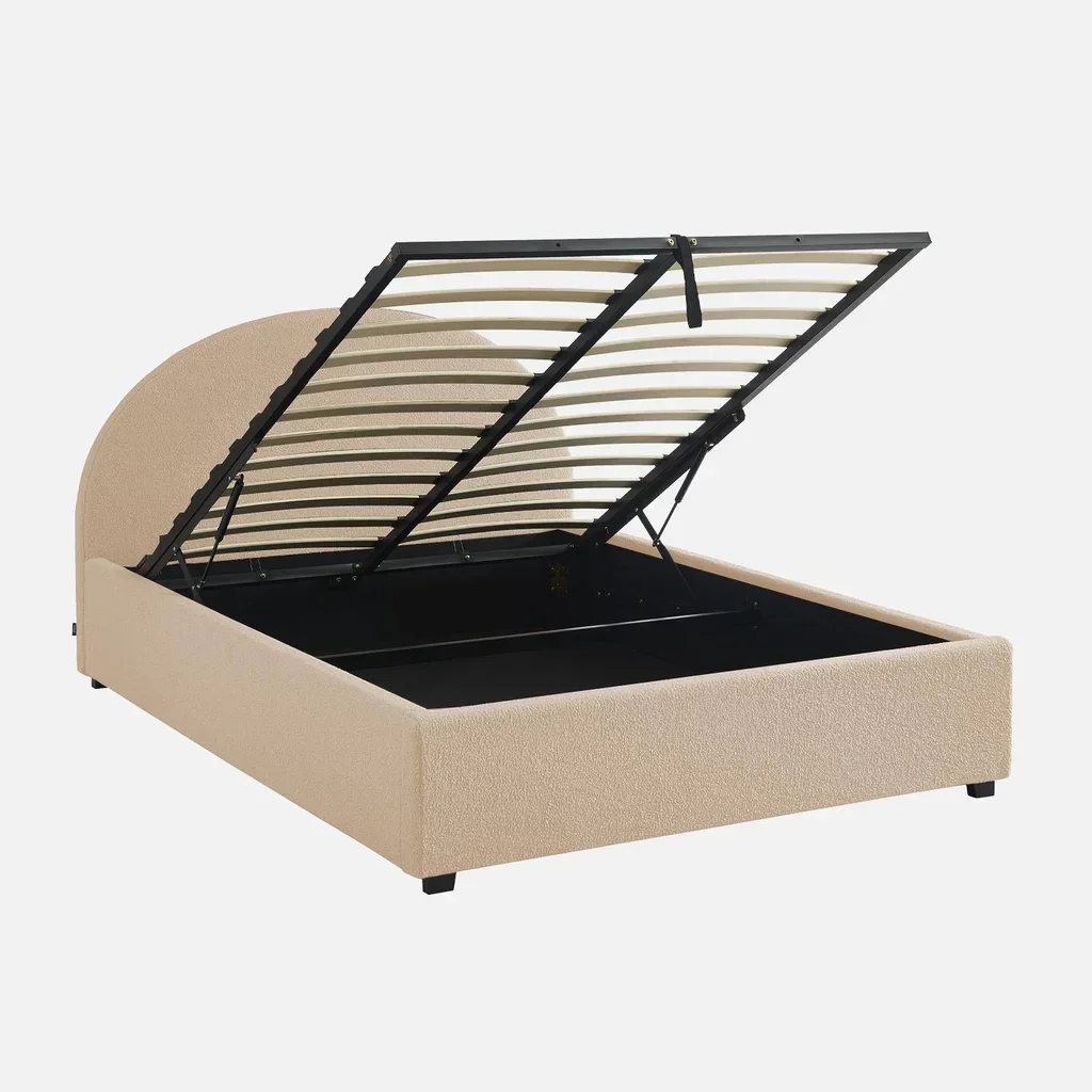 Lit coffre 140x190 cm tête de lit rembourrée bouclette kaki avec rangement
