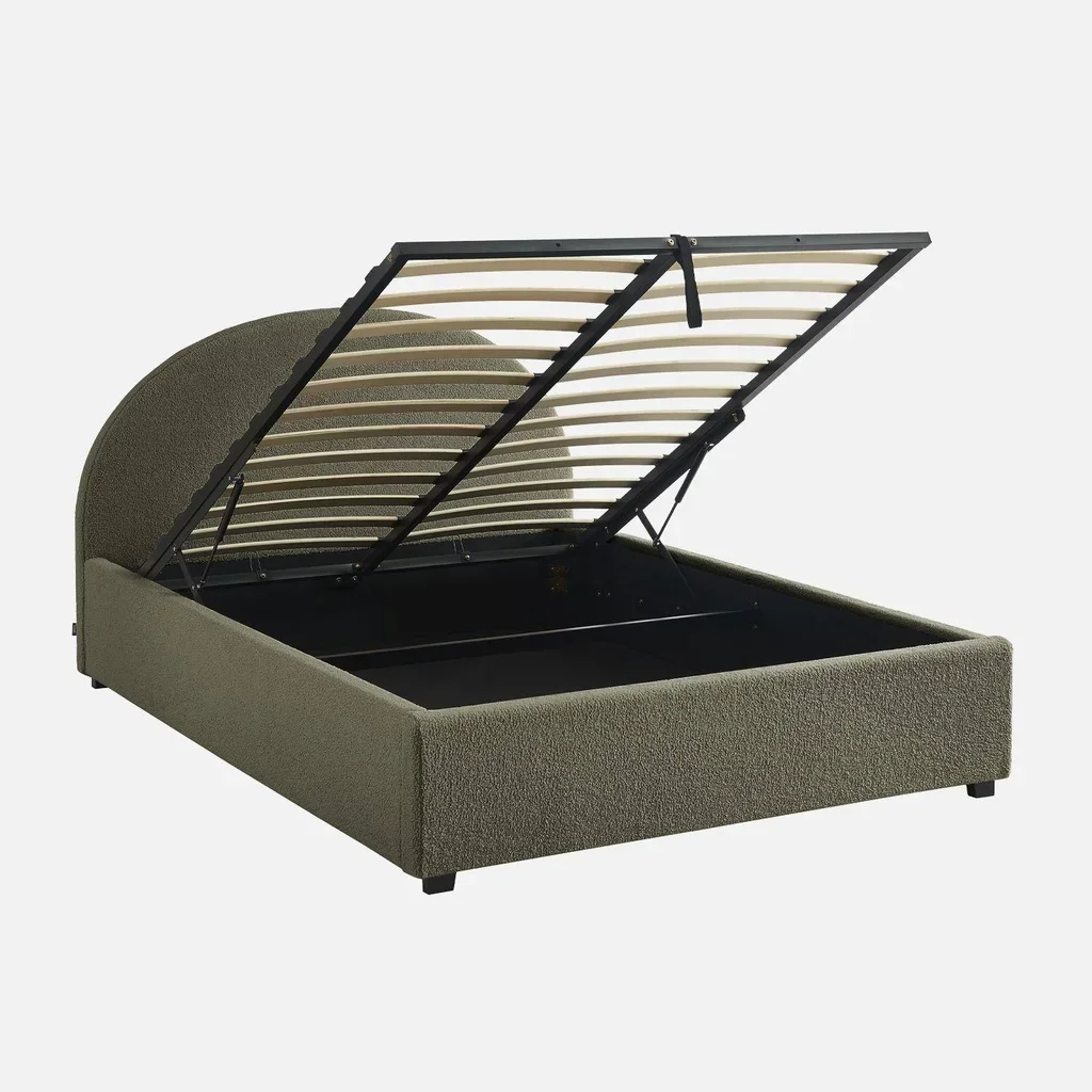 Lit coffre 140x190 cm tête de lit bouclette kaki avec rangement