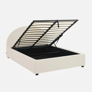 Lit coffre 140x190 cm tête de lit bouclette kaki avec rangement