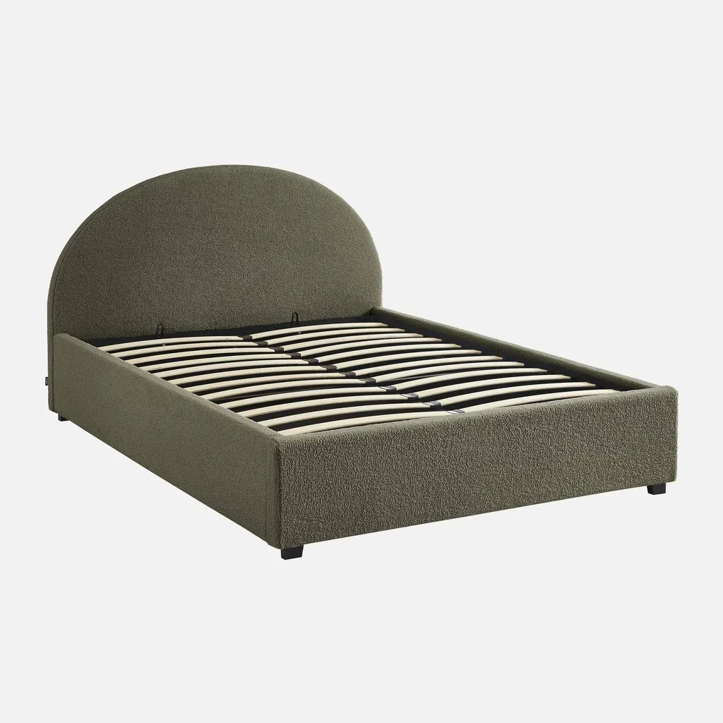 Lit coffre 140x190 cm tête de lit bouclette kaki avec rangement