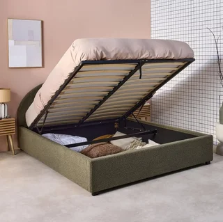 Lit coffre 140x190 cm tête de lit bouclette kaki avec rangement