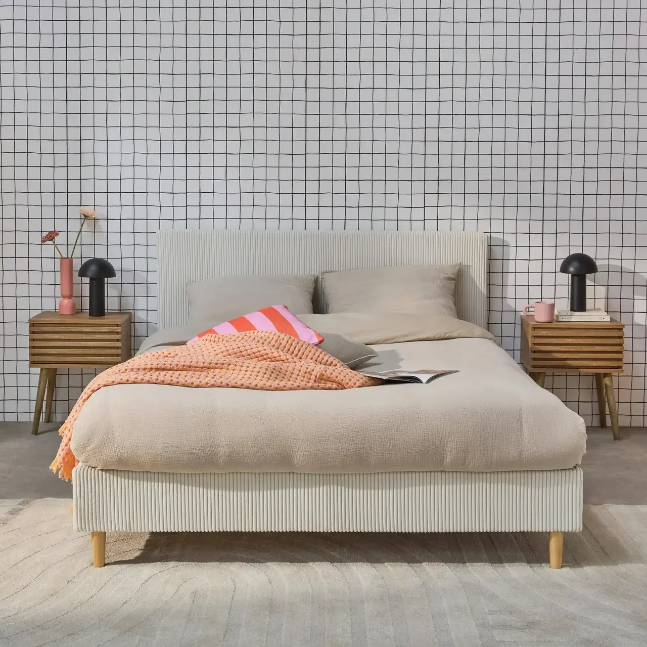 Letto 140x190 velluto a coste testiera rete a doghe Marlon