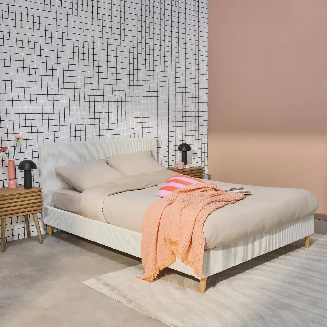 Letto 140x190 velluto a coste testiera rete a doghe Marlon