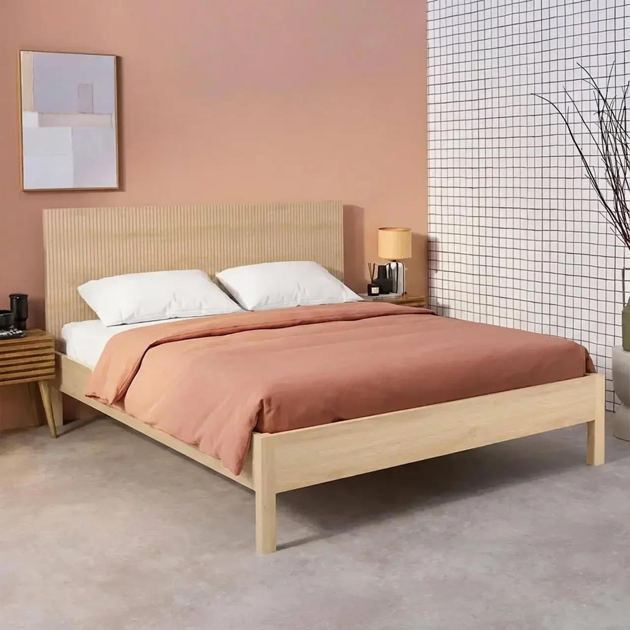 Bed 160x200 cm Linear slatted base vintage wood headboard
