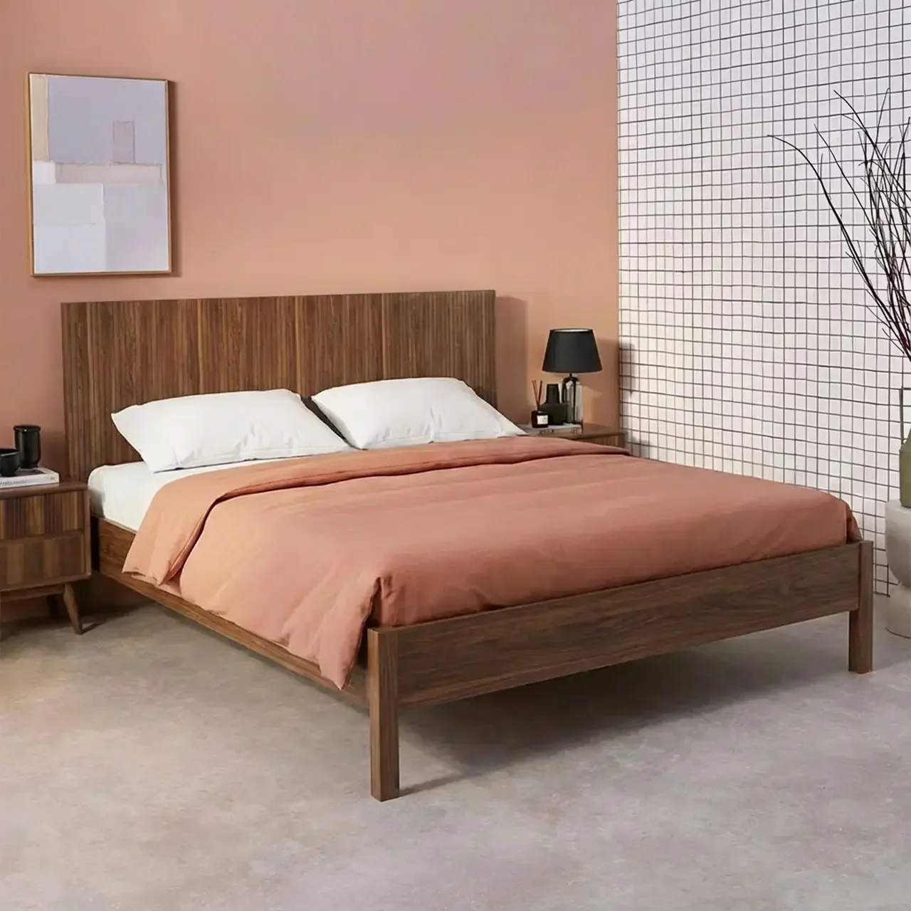 Lit 160x200 cm sommier lattes tête de lit bois vintage Linear
