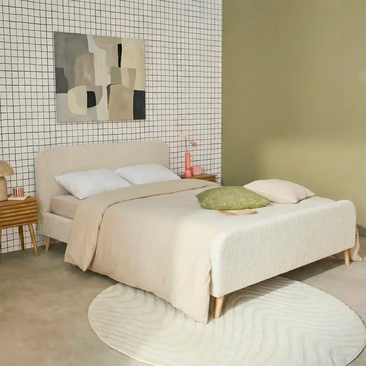 Lit 160x200 cm Finn en tissu bouclette crème avec sommier et tête de lit capitonnée