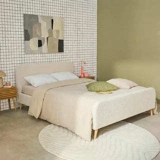 Letto Finn 160x200 cm in Tessuto Bouclé Crema con Rete a Doghe e Testiera Imbottita