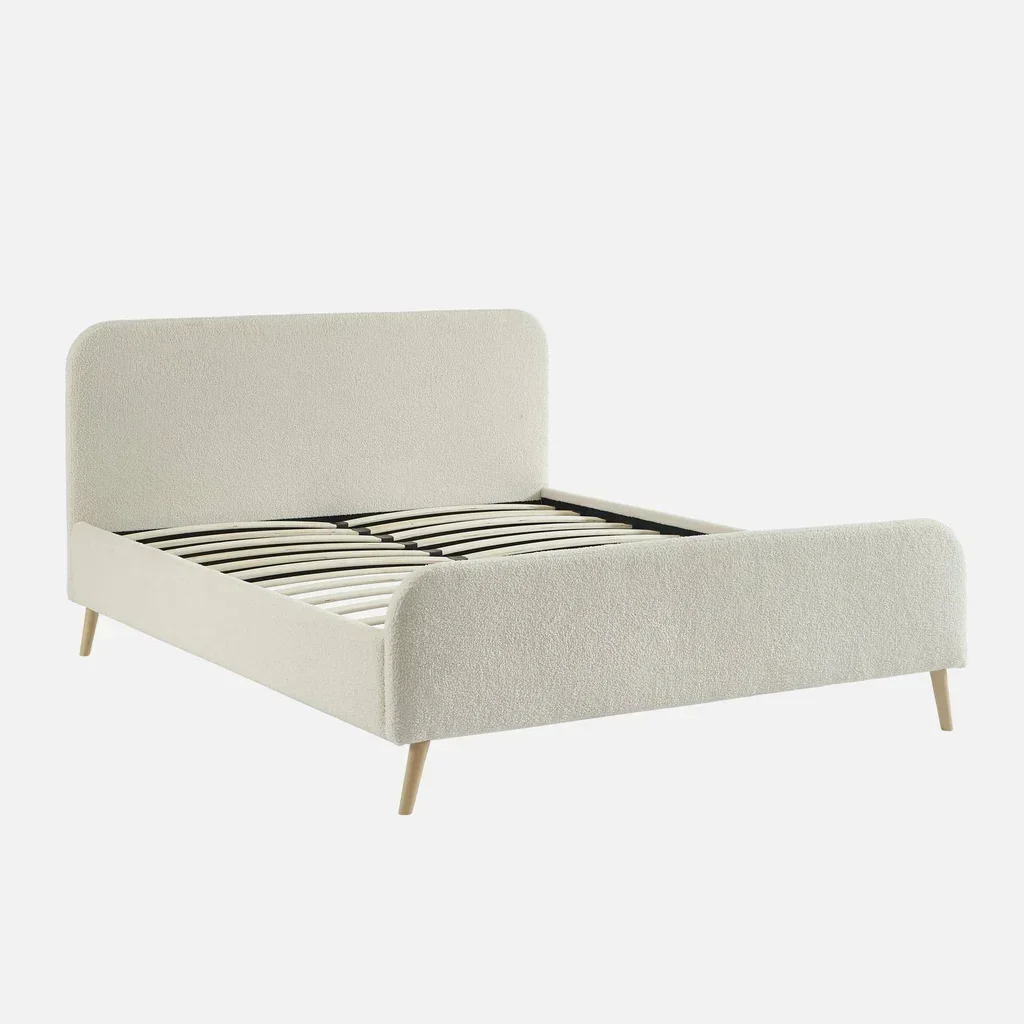 Lit 160x200 cm Finn en tissu bouclette crème avec sommier et tête de lit capitonnée
