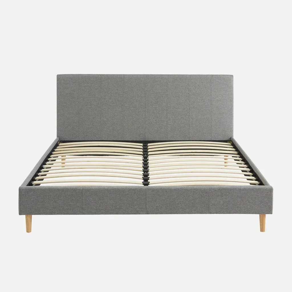 Lit 160x200 cm sommier lattes bois tête de lit capitonnée textile moderne