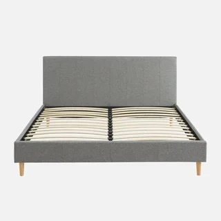 Lit 160x200 cm sommier lattes bois tête de lit capitonnée textile moderne
