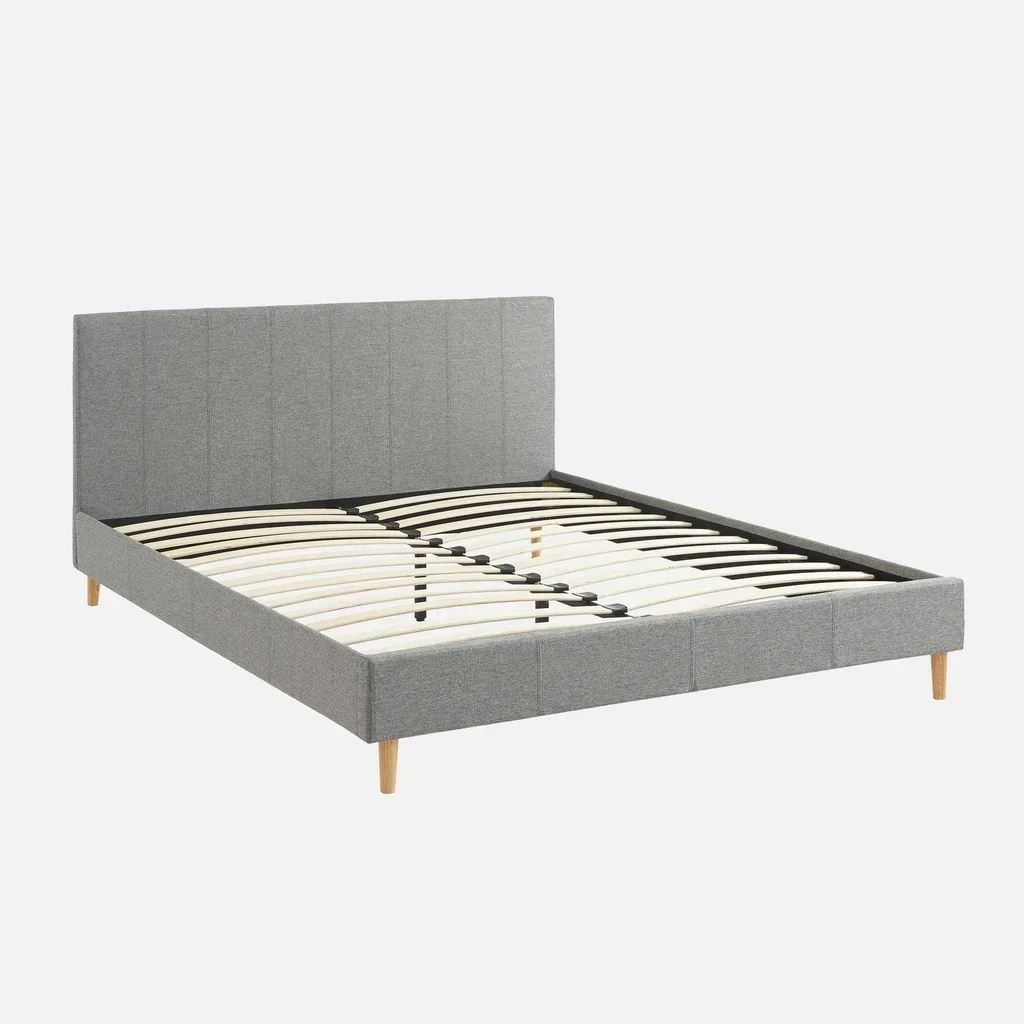 Lit 160x200 cm sommier lattes bois tête de lit capitonnée textile moderne