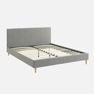 Lit 160x200 cm sommier lattes bois tête de lit capitonnée textile moderne