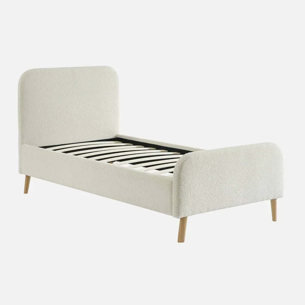 Lit 90x190 Finn tête de lit capitonnée bouclette crème