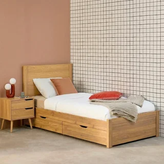 Lit 90x190 cm Nepal bois tête de lit rembourrée 4 tiroirs rangement