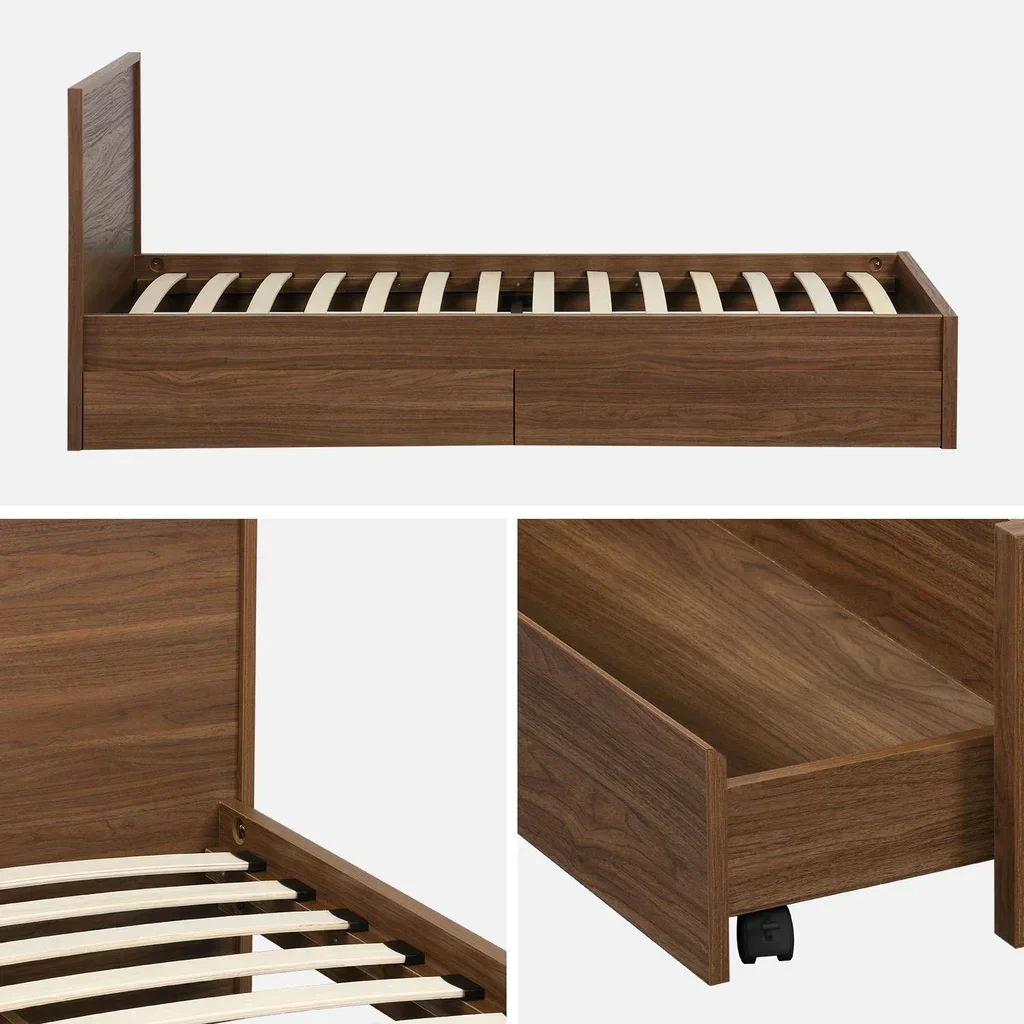 Lit 90x190 cm Kuba avec sommier à lattes, tête de lit et 2 tiroirs bois naturel