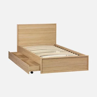 Lit 90x190 cm Kuba avec tiroirs, sommier à lattes et tête de lit bois naturel