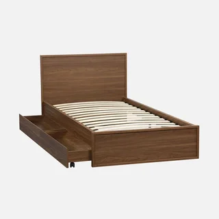 Lit 90x190 cm Kuba avec sommier à lattes, tête de lit et 2 tiroirs bois naturel