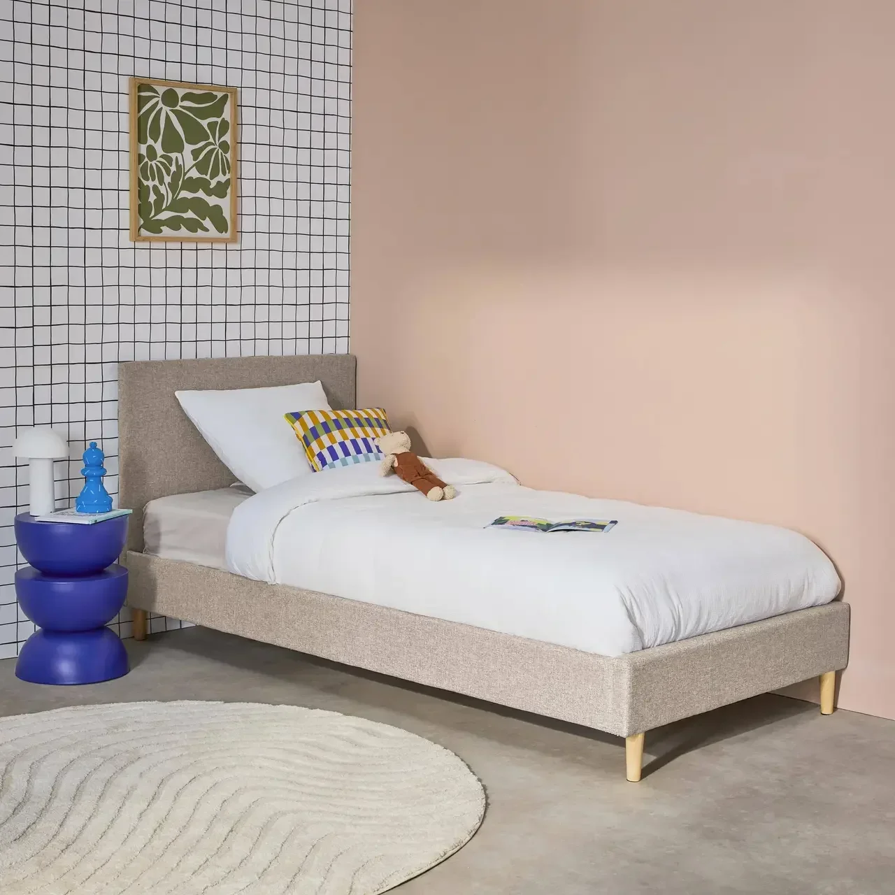 Lit 90x190 cm sommier lattes tête de lit tissu Marlon