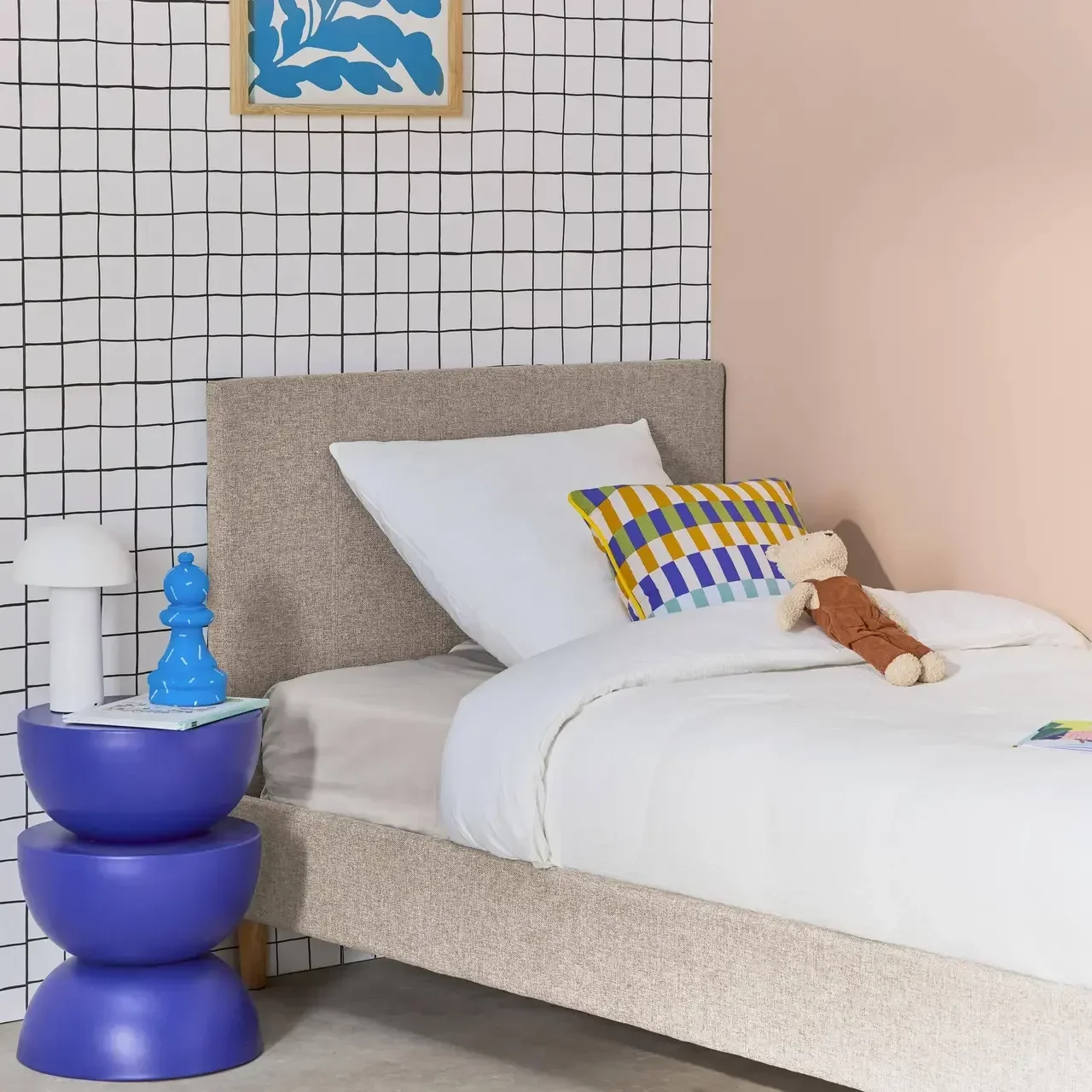 Lit 90x190 cm sommier lattes tête de lit tissu Marlon