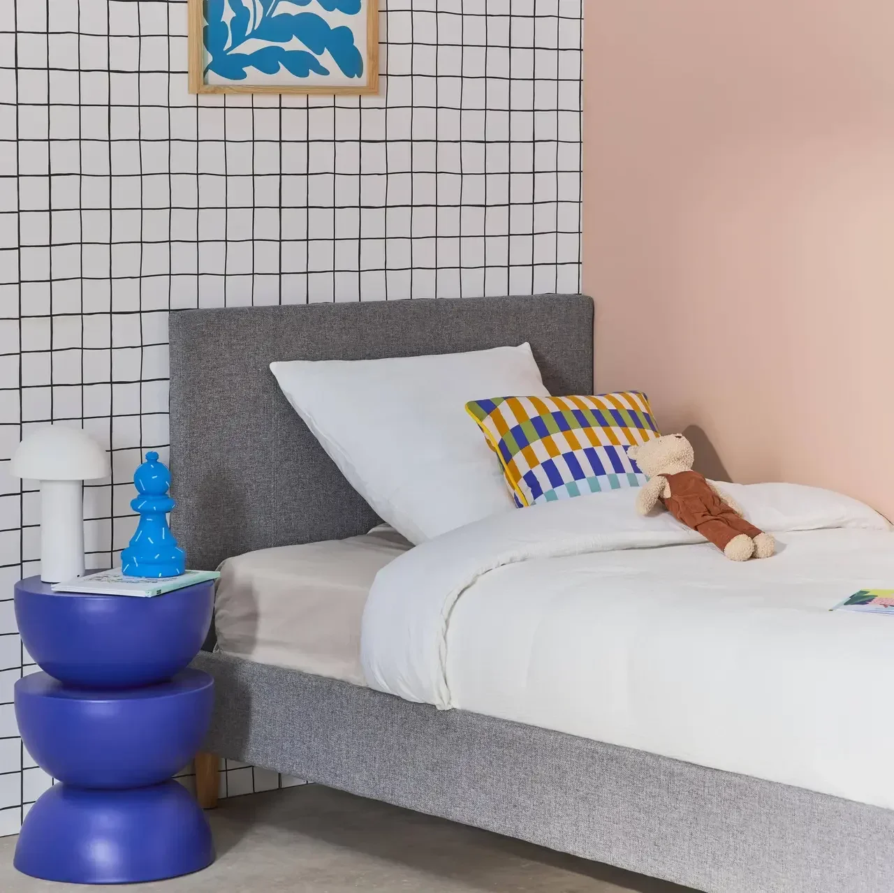 Letto 90x190 cm Marlon tessuto con rete a doghe e testiera