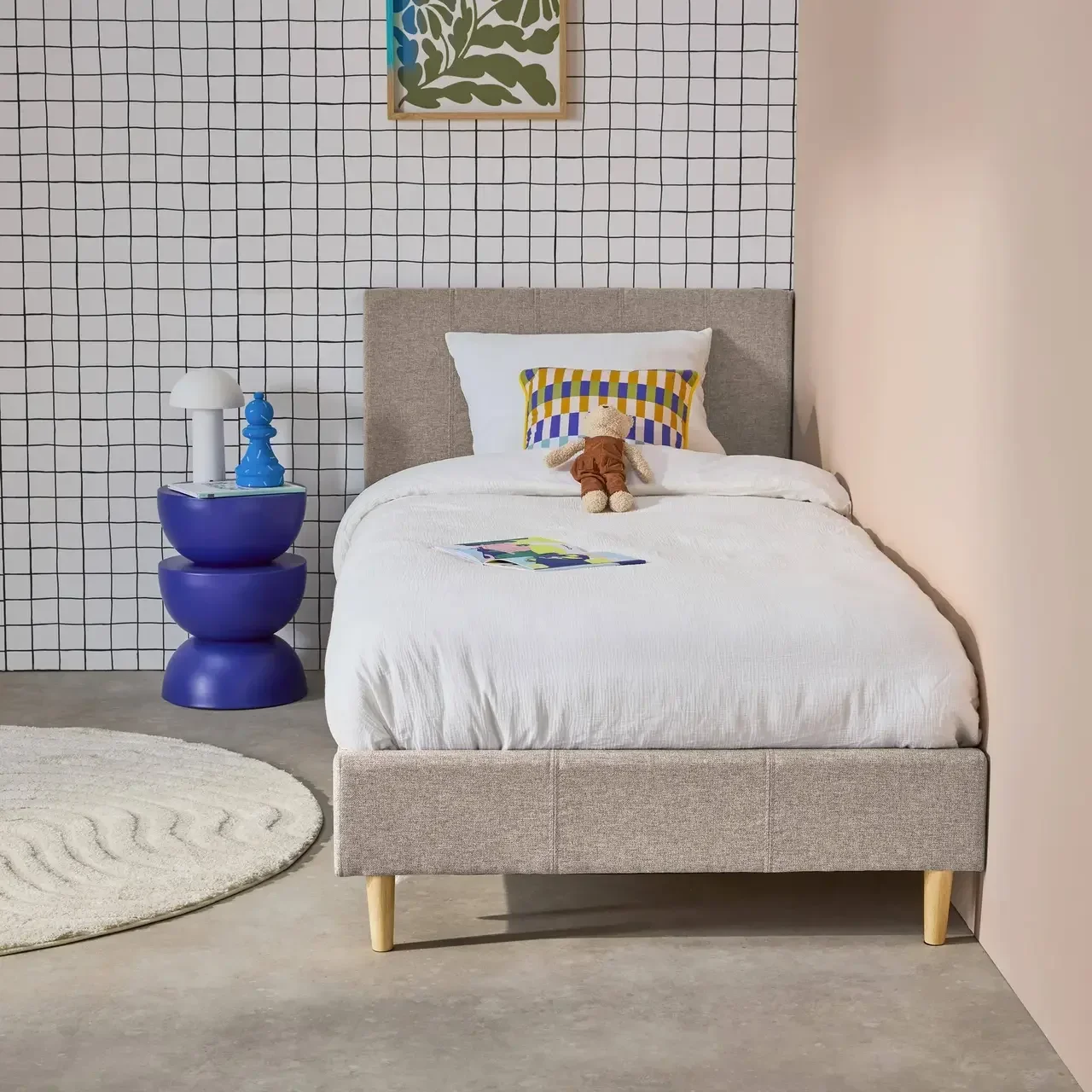Letto 90x190 cm rete a doghe testiera tessuto Marlon