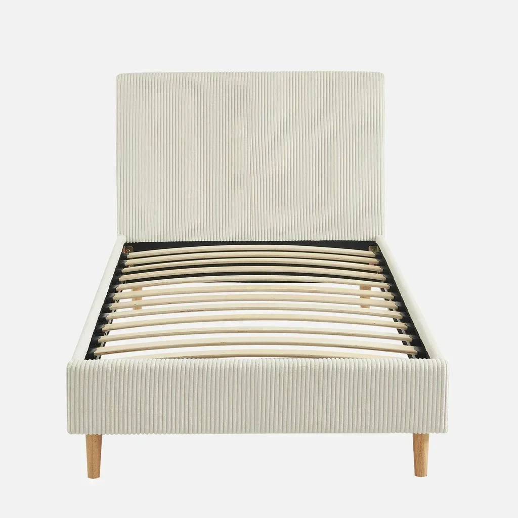 Lit 90x190 cm velours côtelé blanc avec sommier à lattes et tête de lit rembourrée Marlon