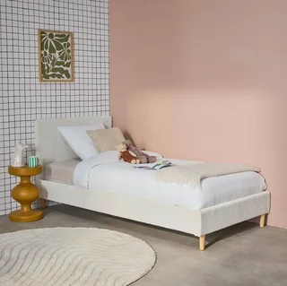 Lit 90x190 cm velours côtelé blanc avec sommier à lattes et tête de lit rembourrée Marlon