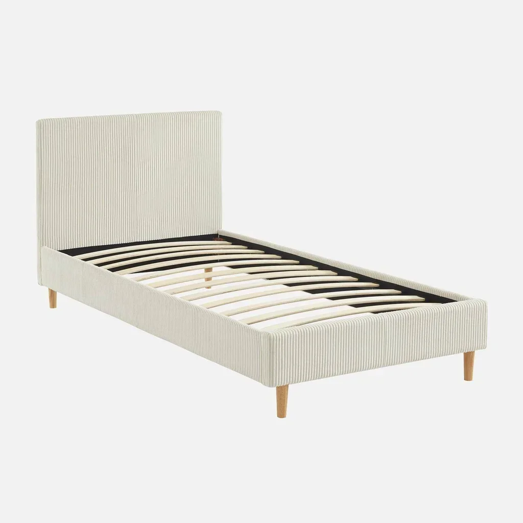 Lit 90x190 cm velours côtelé blanc avec sommier à lattes et tête de lit rembourrée Marlon