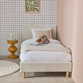 Lit 90x190 cm velours côtelé blanc avec sommier à lattes et tête de lit rembourrée Marlon