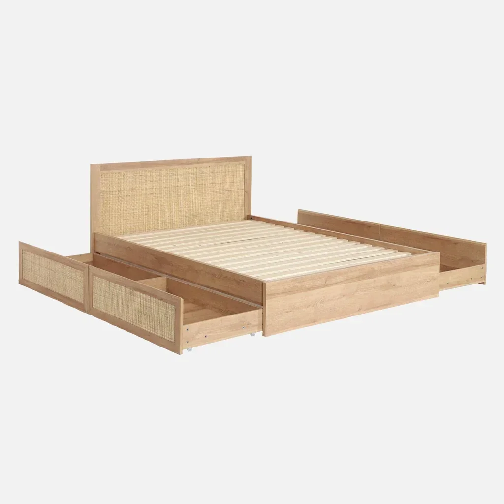 Letto bohemien 140x190 cm con cassetti e intreccio in canna - Collezione Bohème