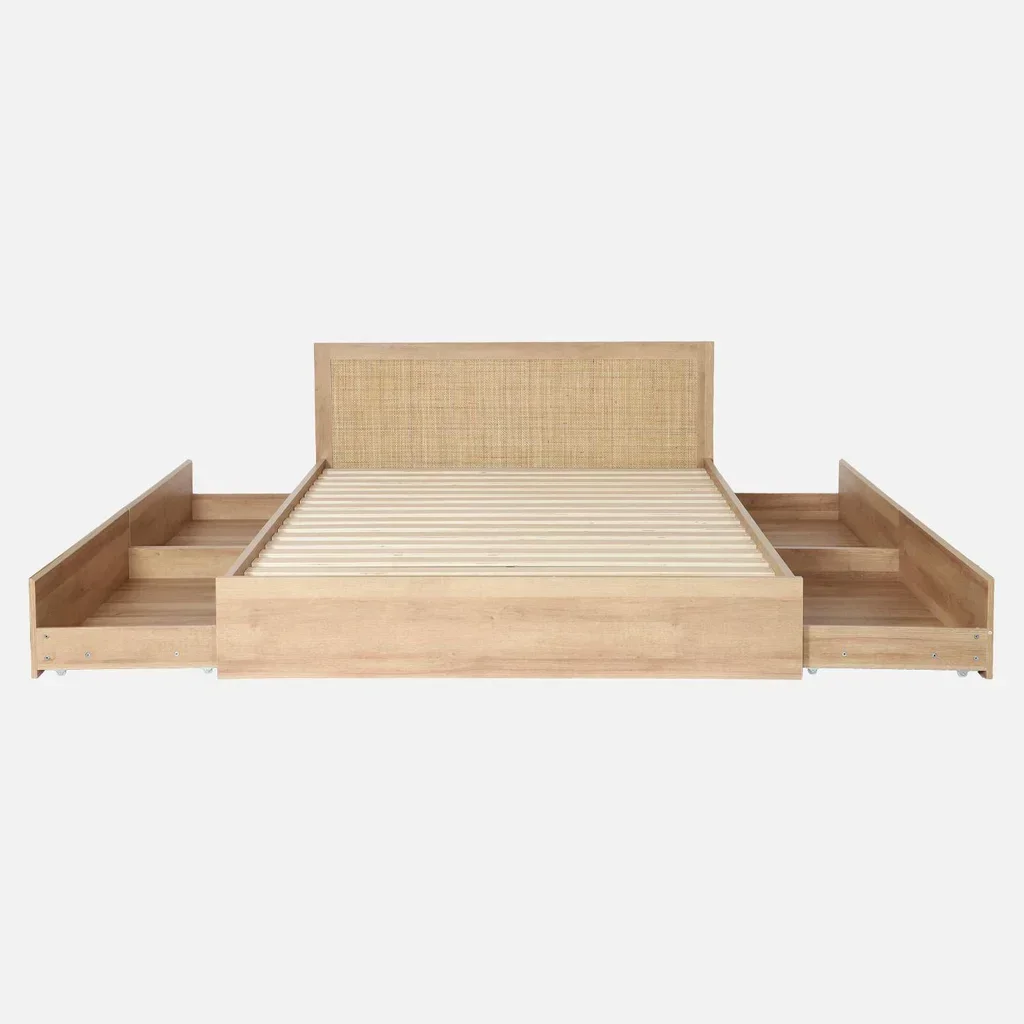Letto boho 160x200 rattan e cassetti in legno naturale