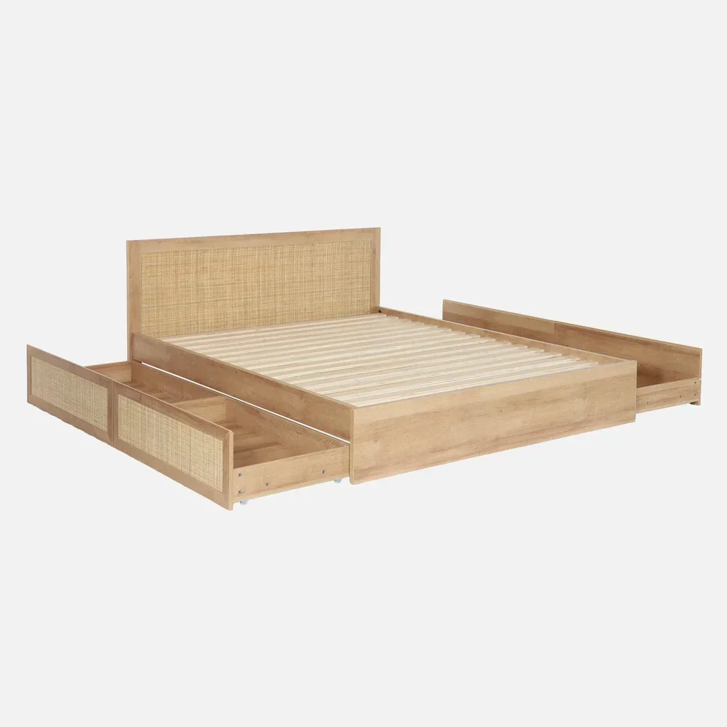 Letto boho 160x200 rattan e cassetti in legno naturale