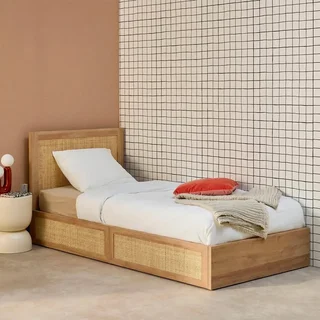 Lit bohème 90x190 cm cannage bois avec tiroirs et sommier à lattes