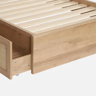 Lit bohème 90x190 cm cannage bois avec tiroirs et sommier à lattes