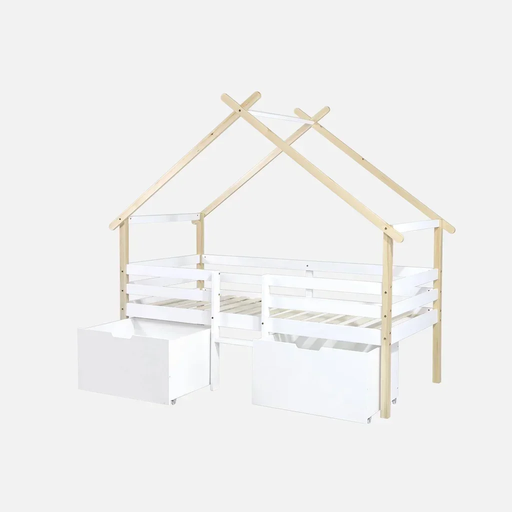 Cama Cabana Infantil 90x190 Madeira Maciça Pinho Estrado de Ripas Arrumação 2 Gavetas Sienna