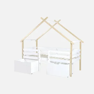 Cama Cabana Infantil 90x190 Madeira Maciça Pinho Estrado de Ripas Arrumação 2 Gavetas Sienna