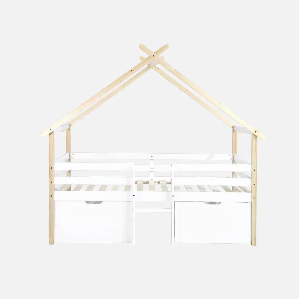 Cama Cabana Infantil 90x190 Madeira Maciça Pinho Estrado de Ripas Arrumação 2 Gavetas Sienna