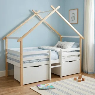 Cama Cabana Infantil 90x190 Madeira Maciça Pinho Estrado de Ripas Arrumação 2 Gavetas Sienna