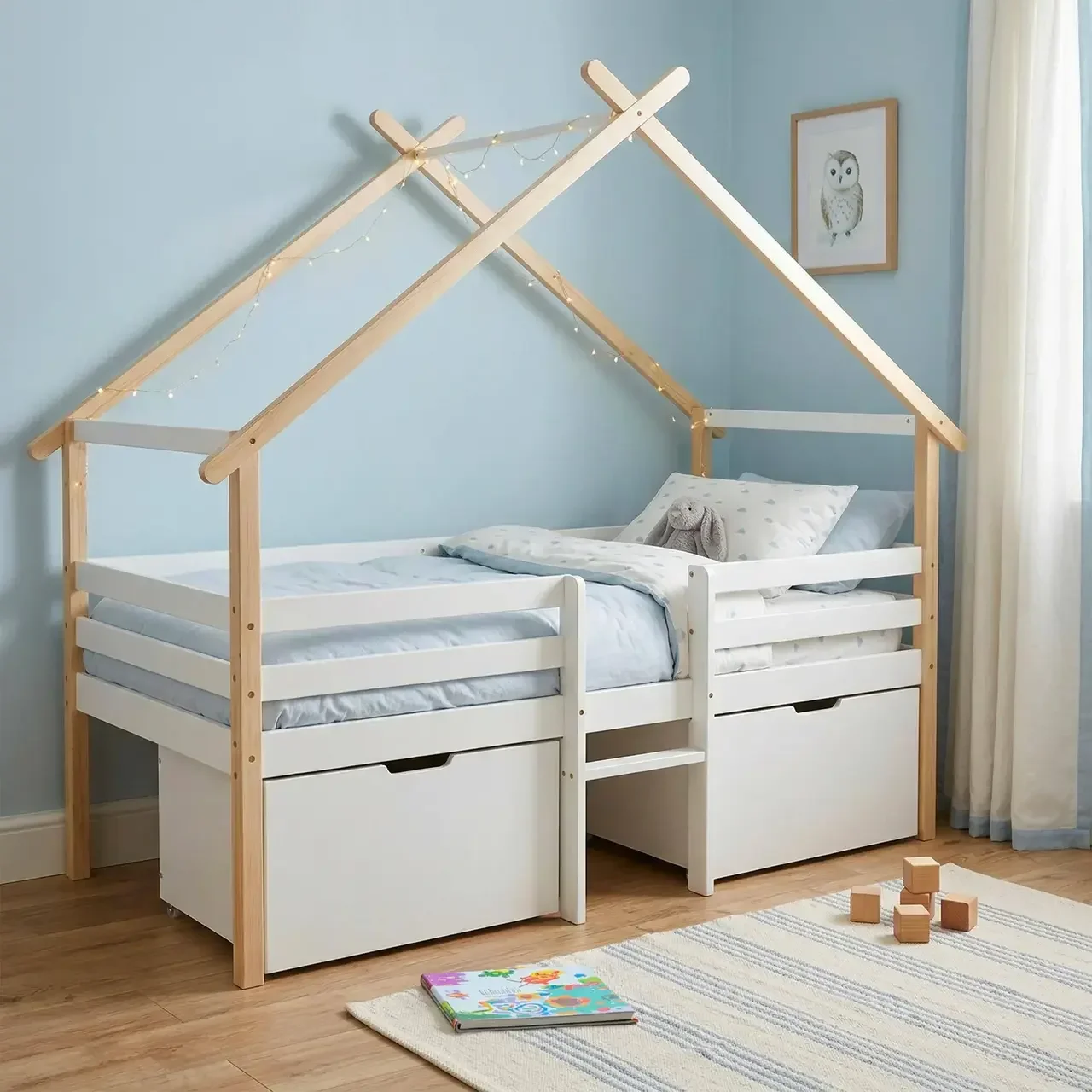 Lit cabane 90x190 pin massif sommier lattes rangement 2 tiroirs Sienna