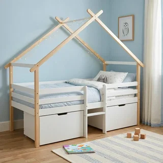 Cama Cabana Infantil 90x190 Madeira Maciça Pinho Estrado de Ripas Arrumação 2 Gavetas Sienna